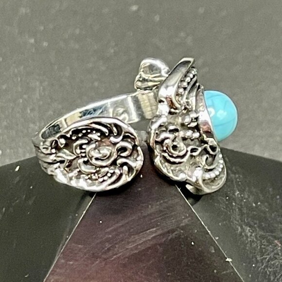 Boho Rose and Flowers with Faux Turquoise Adjustable Spoon Ring #1221 - Picture 9 of 16